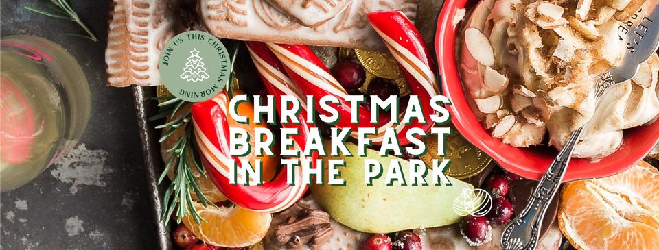 image of food, museli, pears, candy canes, mandarin, text: Christmas breakfast in the park