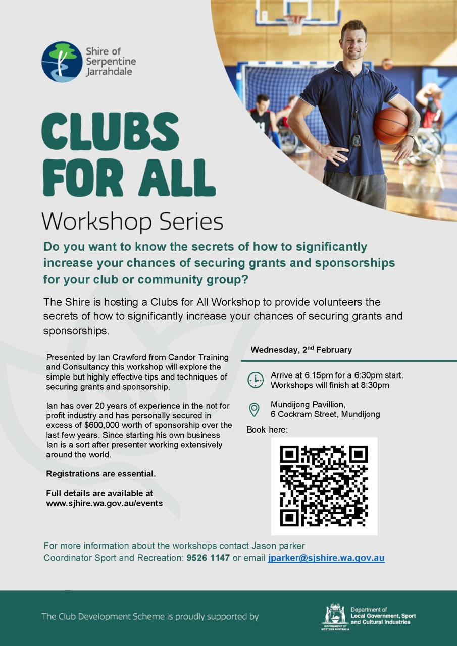 Clubs for All Workshop flyer including image of man with basketball