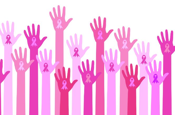 Hands raised to the sky in four shades of pink, each hand has a breast cancer pink ribbon on the palm