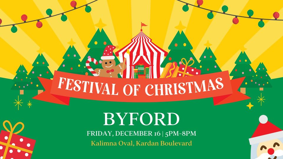 image contains circus tent and gingerbread men in front of christmas trees, text says Festival of Christmas Byford