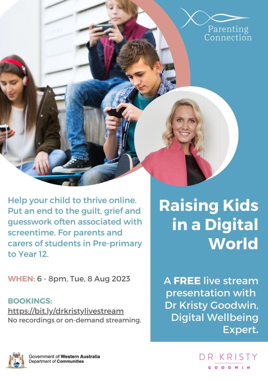 flyer containing an image of 3 youths of varying ages, ethnicities and genders, all using hand held devices and a profile photo of Dr Goodwin, a woman with shoulder length blonde hair in a pink jacket. Contains the same text as the webpage and logos for parenting connection and the government of WA department of communities