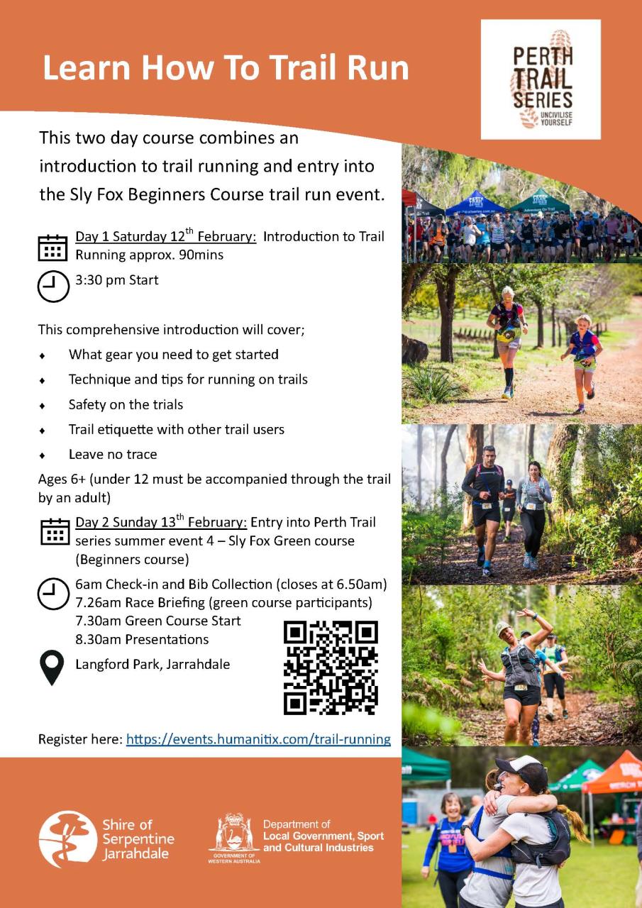 Trail running flyer including images of adults and youths running in outdoor bush settings