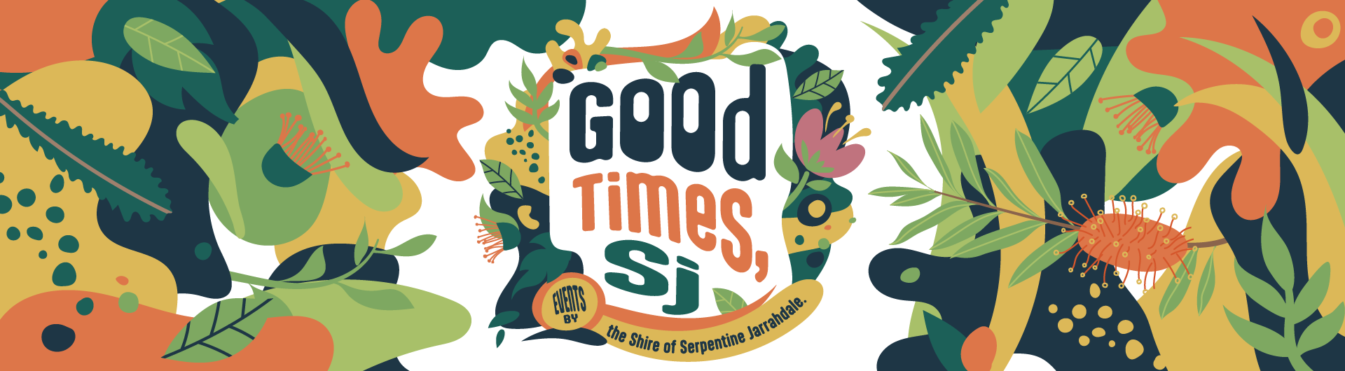 Banner for upcoming events in SJ featuring leaves and quirky flowing fonts