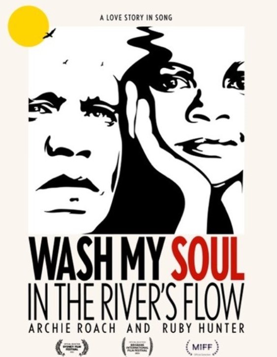 Image: two faces in black and white, the dead space between in black depicts a river. Text: Wash my soul in the river's flow